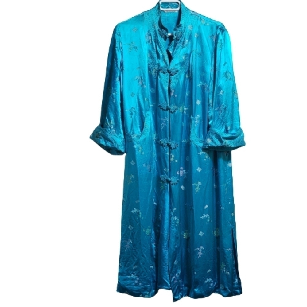 VINTAGE asian satin  house coat, robe or tunic color turquoise size 42/L